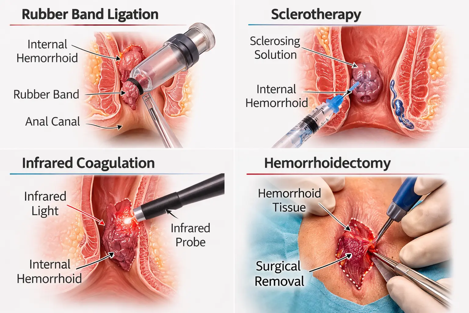 Medical illustration showing rubber band ligation, sclerotherapy, infrared coagulation and hemorrhoidectomy procedures