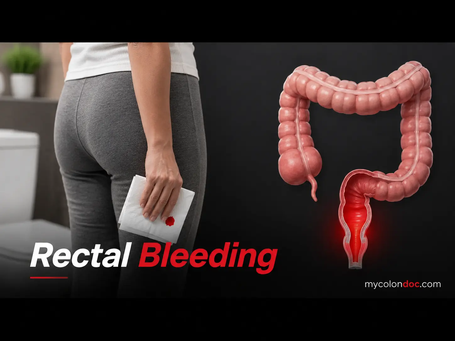Woman holding tissue with a blood spot beside a medical illustration of the colon and rectum cleeding after anal sex