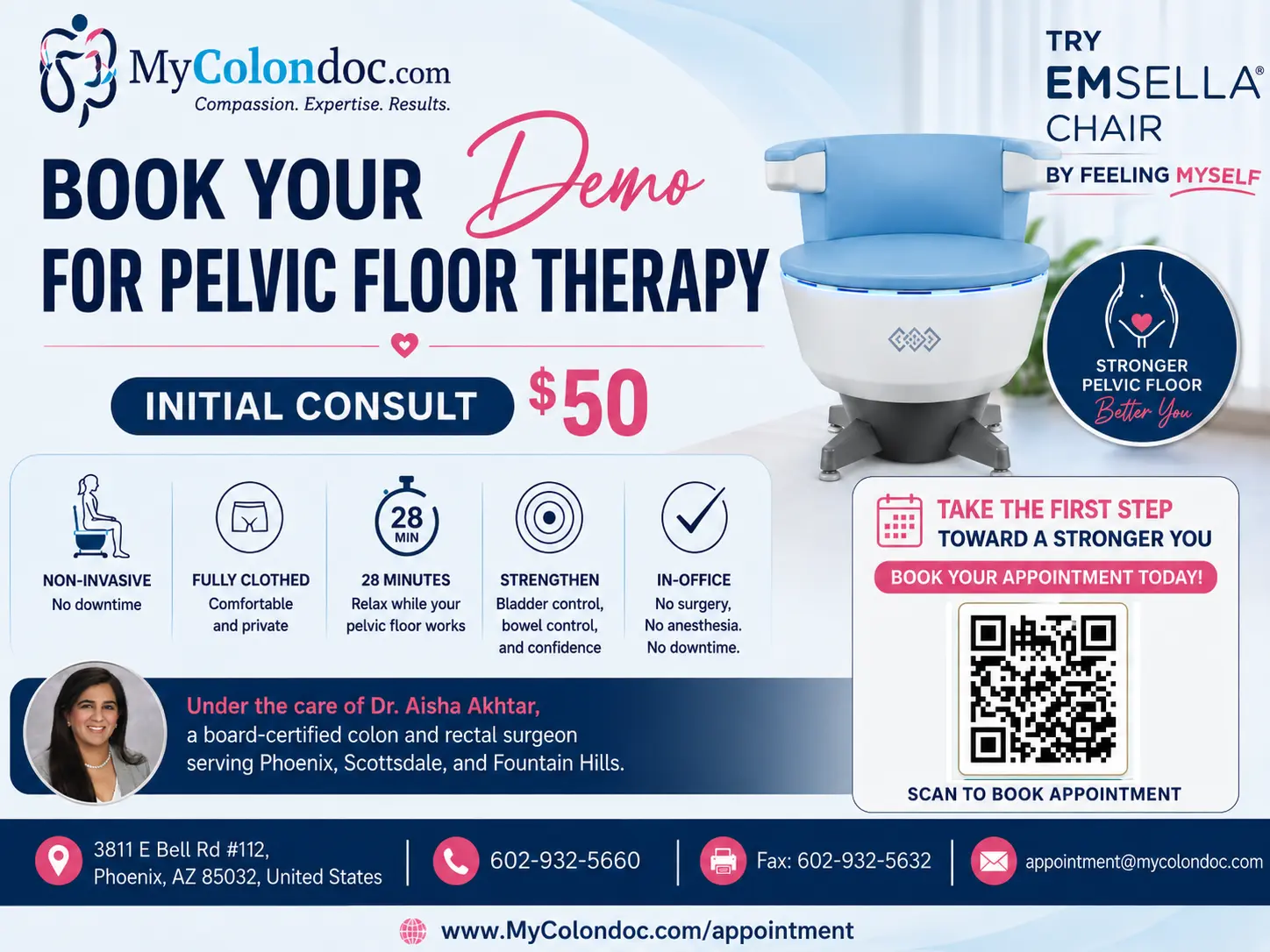 Book an Emsella Chair pelvic floor therapy demo with Dr. Aisha Akhtar in Phoenix, Arizona